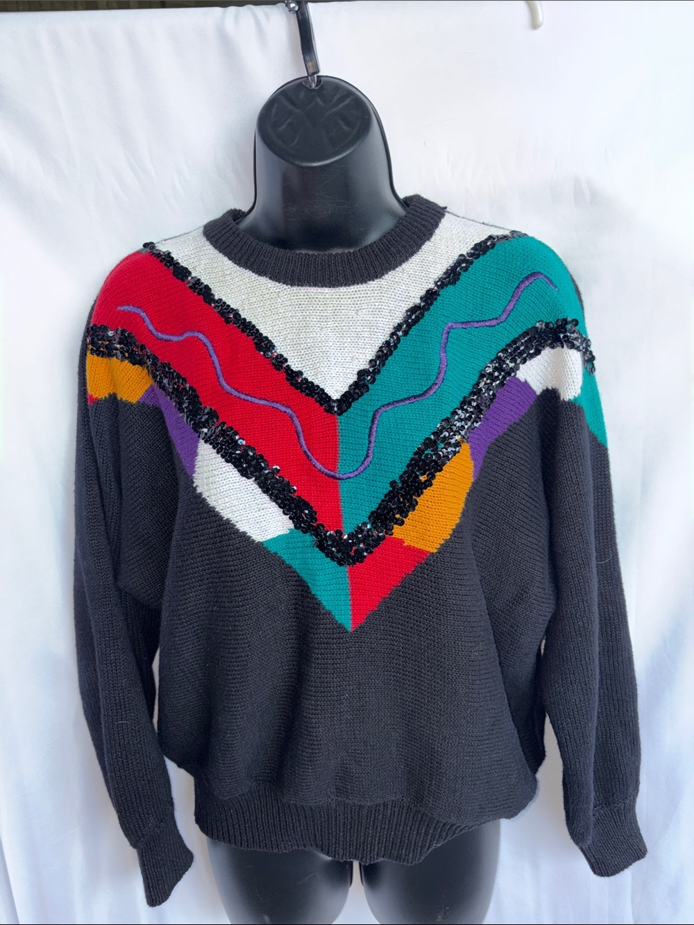 80’s Vintage Crew Neck Knit Sequins Bright Colors Sweater, M, 22” PTP, 22” L